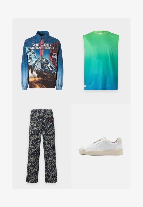 Blå, grafisk zip-up jakke med et kosmisk tema, der inkluderer planeter og bjerge. Elastiske manchetter, fed tekst og levende designelementer.; Ærmeløs T-shirt i gradient nuancer fra grøn til blå. Lavet af glat stof med rund halsudskæring og uden synlig hardware.; Marineblå bukser med blomsterprint, elastisk talje og en løs pasform i struktureret stof. Inkluderer et mærke fastgjort til taljen.; Hvide sneakers med en glat læderoverdel, beige snørebånd og en tekstureret beige ruskindsheel-tab. Hævet sål for ekstra højde.