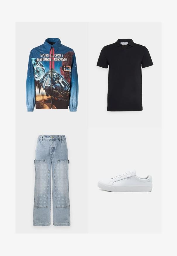 Blå, grafisk zip-up jakke med et kosmisk tema, der inkluderer planeter og bjerge. Elastiske manchetter, fed tekst og levende designelementer.; Sort kortærmet polo-shirt med klassisk krave, lavet af glat stof. Har et mærke med brandnavnet 'Filippa K' ved halsudskæringen.; Lyseblå denim cargo bukser har et bredt ben design, store påsyede lommer og en subtil blomsterprint på de nederste paneler med gyldne hardware detaljer.; Hvide lædersneakers med en glat overflade, lavt design, rund tå og flad gummisål. Udstyret med flade snørebånd og minimal branding.