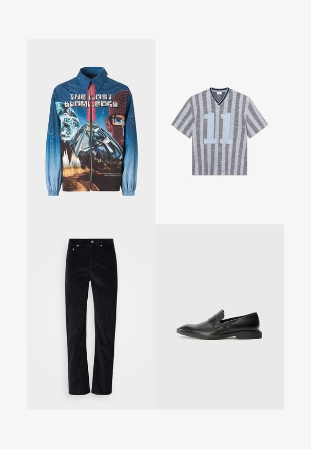 Blå, grafisk zip-up jakke med et kosmisk tema, der inkluderer planeter og bjerge. Elastiske manchetter, fed tekst og levende designelementer.; Stribet kortærmet t-shirt med tynde blå og grå striber. Har en V-hals, fed blå "11" på fronten og tekstiler med struktur.; Sorte fløjlsbukser med lige ben. Har en knaplukning og fem lomme-stil. Tekstureret ribbet stof.; Sorte læder loafers med en glat tekstur, spids tå og lav rektangulær hæl. Har vandret remdetalje på overdelen.