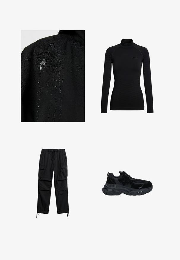 Zwarte stof met waterdruppels die op het oppervlak parelen en naar beneden lopen, wat de waterbestendige eigenschappen benadrukt.; Zwart turtleneckshirt met lange mouwen gemaakt van rekbare stof. Heeft een nauwsluitend ontwerp met geribbelde accenten en een klein merklogo op de borst.; Zwarte cargobroek van lichtgewicht stof, voorzien van meerdere zijzakken, een verstelbare taille met trekkoord en taps toelopende manchetten.; Zwarte sportsneaker met dikke zool, mesh- en suèdepanelen en vetersluiting, gezien van de buitenkant op een witte achtergrond.