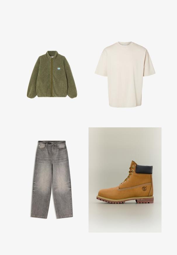Olijfgroene fleece jacket met een ritssluiting aan de voorkant, staande kraag en elastische manchetten. Heeft een klein blauw en geel logo-opdruk op de borst.; Effen beige oversized katoenen T-shirt met korte mouwen en ronde hals, plat gelegd op een witte achtergrond.; Grijze denim jeans met hoge taille, wijde pijpen, knoop- en ritssluiting aan de voorkant, riemlussen en een ontwerp met vijf zakken.; Bruine leren enkellaars met zwarte kraag, gele veters en een zandkleurige zool. Voorzien van een logo en witte stikseldetails. Robuuste loopzool met grip.