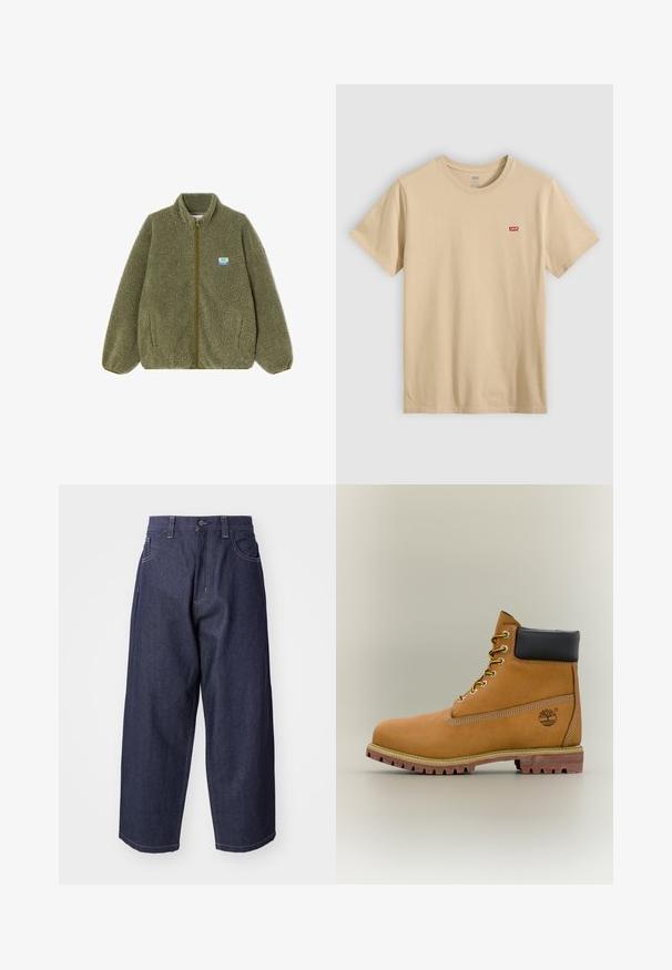 Olivenfarvet fleecejakke med lynlås foran, høj krave og elastiske manchetter. Har et lille blåt og gult logo-patch på brystet.; Beige bomulds-T-shirt med korte ærmer, rund halsudskæring og et lille rødt Levi's-logo på brystet. Glat, letvægtsstof.; Mørkeblå denim jeans med en løs, bred ben-design. Funktioner inkluderer en knaplukning, frontlommer og synlige stikninger.; Brun læderankelstøvle med sort krave, gule snørebånd og tanfarvet sål. Har logo og hvide syninger som detalje. Robust ydersål med greb.