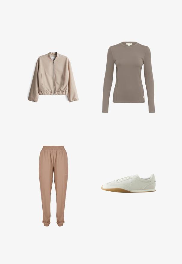 Beige Bomberjacke mit hohem Kragen, Reißverschluss vorne, elastischem Bund und Seitentaschen. Hergestellt aus glattem Stoff mit einem schlichten Design.; Langärmliges Oberteil in Hellbraun, aus dehnbarem Stoff. Mit einem Rundhalsausschnitt und flachen Nähten, versehen mit einem kleinen Logotag am unteren linken Rand.; Beige Jogginghosen mit elastischem Bund, Knöchelbündchen und einem glatten, leichten Stoff mit einem subtilen Logo-Detail an der Seite.; Weißer Sneaker mit brauner Gummisohle, Nahtdetails, Schnürung vorne und gesticktem Logo an der Seite.