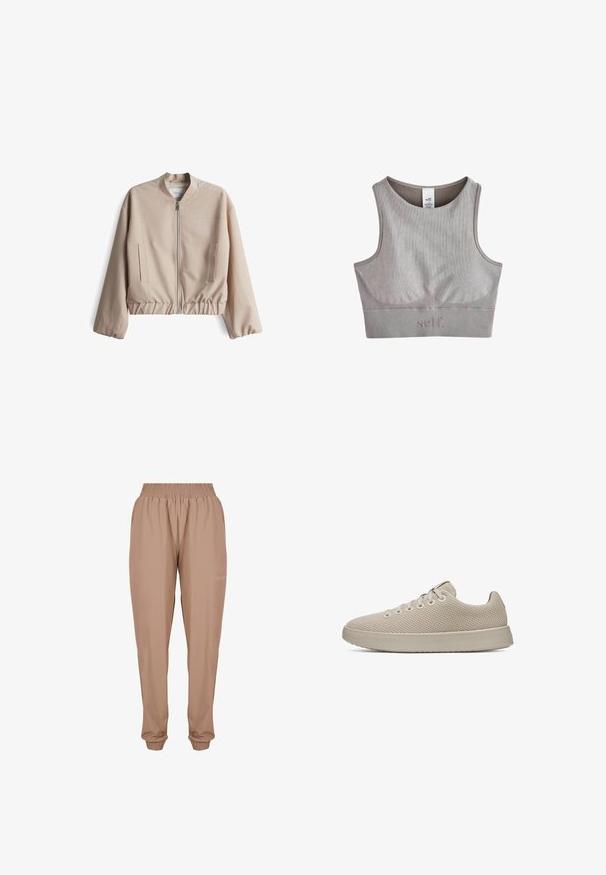 Beige Bomberjacke mit hohem Kragen, Reißverschluss vorne, elastischem Bund und Seitentaschen. Hergestellt aus glattem Stoff mit einem schlichten Design.; Grauer, gerippter Sport-BH mit rundem Ausschnitt, breiten Trägern und dezentem Logodetail am unteren Rand. Weiches, nahtloses Material.; Beige Jogginghosen mit elastischem Bund, Knöchelbündchen und einem glatten, leichten Stoff mit einem subtilen Logo-Detail an der Seite.; Beiger Sneaker mit niedrigem Schaft, strukturiertem Strickobermaterial, Schnürung vorne und dick profilierter Sohle auf weißem Hintergrund.