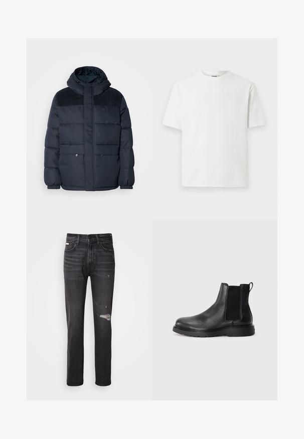 Marineblaue Daunenjacke mit Kapuze, gestepptem Design, strukturierten Schulterpaneelen, Fronttaschen und elastischen Bündchen. Enthält ein Logo auf der Brust.; Weißes T-Shirt mit kurzen Ärmeln, das ein strukturiertes Muster aufweist, einen Rundhalsausschnitt hat und einen lässigen Schnitt bietet. Der Stoff wirkt leicht und atmungsaktiv.; Schwarze Denim-Jeans mit gerade geschnittenem Bein, ausgefransten Details an den Knien, Fünf-Taschen-Stil und einem dezenten, ausgewaschenen Finish.; Schwarze Leder-Chelsea-Boots mit strukturiertem Finish, elastischen seitlichen Einsätzen und einer robusten Gummisohle. Dezentes Branding an der Ferse.