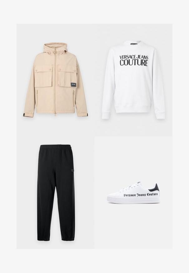 Beige hoodie jas met twee voorflapzakken en een zijritszak, voorzien van een zwart logopatch en een gladde, waterafstotende stof.; Witte sweater met lange mouwen en ronde hals, met zwarte tekst "Versace Jeans Couture" gedrukt op de borst.; Zwarte joggingbroek met een elastische tailleband, taps toelopende pijpen en een klein merklabel. Gemaakt van een zachte, lichtgewicht stof.; Witte lage sneaker met zwart hielstuk, vetersluiting en het logo "Versace Jeans Couture" in zwart op de zijkant gedrukt.