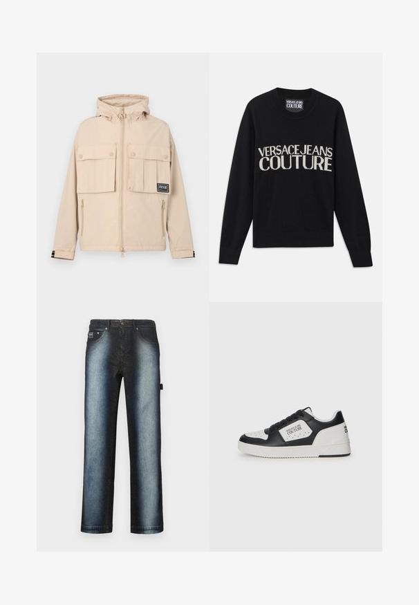Beige hoodie jas met twee voorflapzakken en een zijritszak, voorzien van een zwart logopatch en een gladde, waterafstotende stof.; Zwarte gebreide trui met een ronde hals. Beschikt over het logo "VERSACE JEANS COUTURE" in contrasterend crème. Geribbelde manchetten en zoom. Zachte textuur.; Donkere blauwe spijkerbroek met een ombre-ontwerp, dat verloopt van diep zwart naar een lichtere blauwe kleur, met een standaard stijl van vijf zakken en een lichte wassing.; Zwart-witte sneaker met een gladde leren bovenkant, geperforeerde teenbox, contrasterend wit paneel en logodetail aan de zijkant en achterkant.