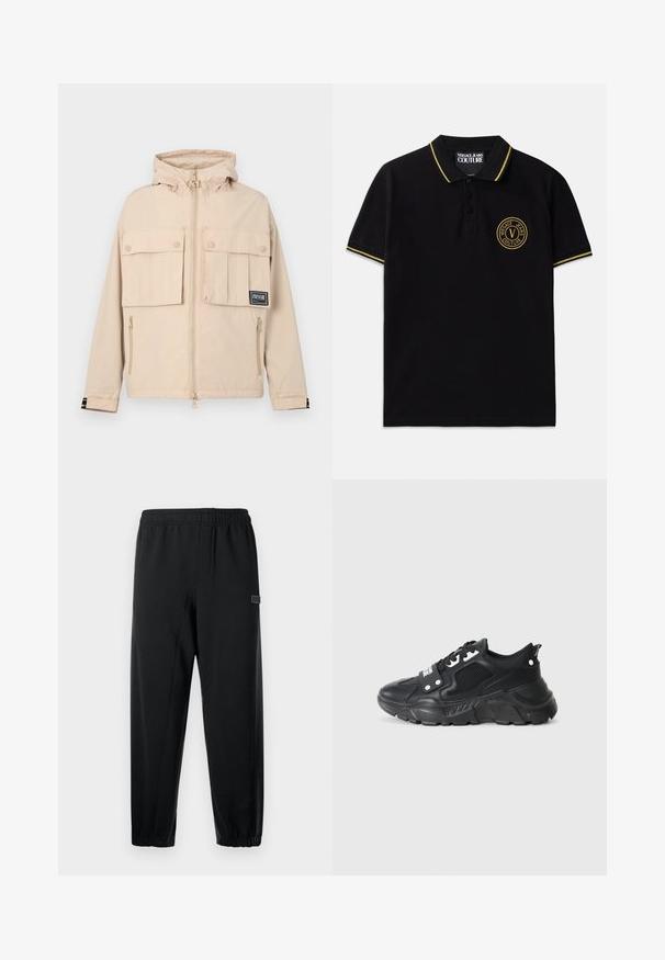 Beige Kapuzenjacke mit zwei vorderen Taschen mit Klappen und einer seitlichen Reißverschlusstasche, versehen mit einem schwarzen Logo-Patch und einem glatten, wasserabweisenden Stoff.; Schwarzes Poloshirt aus Baumwolle mit einem gelben gestreiften Kragen, einer Zwei-Knopf-Leiste und einem gestickten runden Logo auf der linken Brust.; Schwarze Jogginghose mit elastischem Bund, schmal zulaufenden Beinen und einem kleinen Markenpatch. Hergestellt aus glattem, leichtem Stoff.; Schwarzer Sportschuh mit einem strukturierten Mesh-Panel, dickem Gummi-Sohle, kontrastierenden Akzenten und einer Schnürung. Verfügt über eine Ziehschlaufe an der Rückseite.