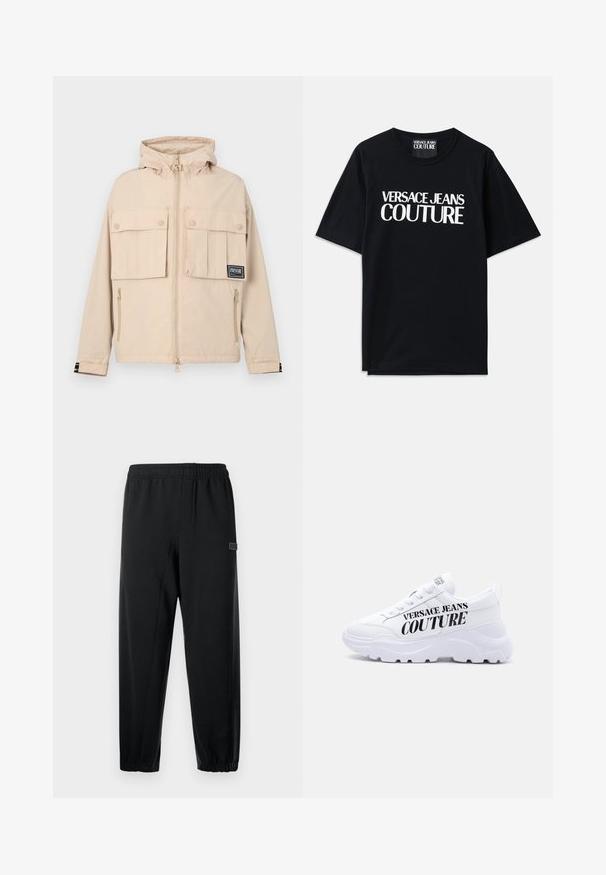 Beige hættejakke med to frontlommer med klap og en sidelomme med lynlås, udstyret med et sort logo-patch og et glat, vandafvisende stof.; Sort bomulds t-shirt med korte ærmer, der har stor hvid tekst "VERSACE JEANS COUTURE" på forsiden. Klassisk crew neck design.; Sorte sweatpants med elastisk talje, skrå ben og et lille mærketegn. Fremstillet af glat, let stof.; Hvid chunky sneaker med tyk sål, snøredesign og "Versace Jeans Couture" trykt med fede sorte bogstaver på siden.