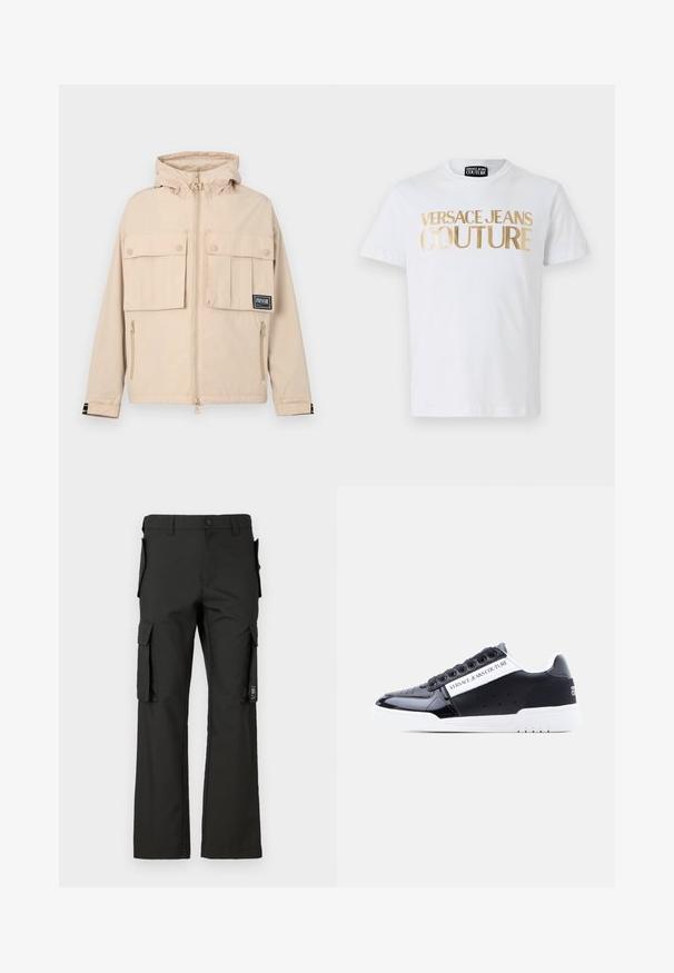 Beige Kapuzenjacke mit zwei vorderen Taschen mit Klappen und einer seitlichen Reißverschlusstasche, versehen mit einem schwarzen Logo-Patch und einem glatten, wasserabweisenden Stoff.; Weißes Baumwoll-T-Shirt mit fettem goldenen "VERSACE JEANS COUTURE" Schriftzug auf der Vorderseite. Rundhalsausschnitt und kurze Ärmel.; Schwarze Cargo-Hose mit geradem Bein, ausgestattet mit mehreren Seitentaschen und einem Knopfverschluss. Hergestellt aus strapazierfähigem Gewebe mit glatter Textur.; Schwarz-weißer Low-Top-Sneaker von Versace Jeans Couture mit Schnürsenkeln vorne und markanter Seitenpartie auf weißem Hintergrund.