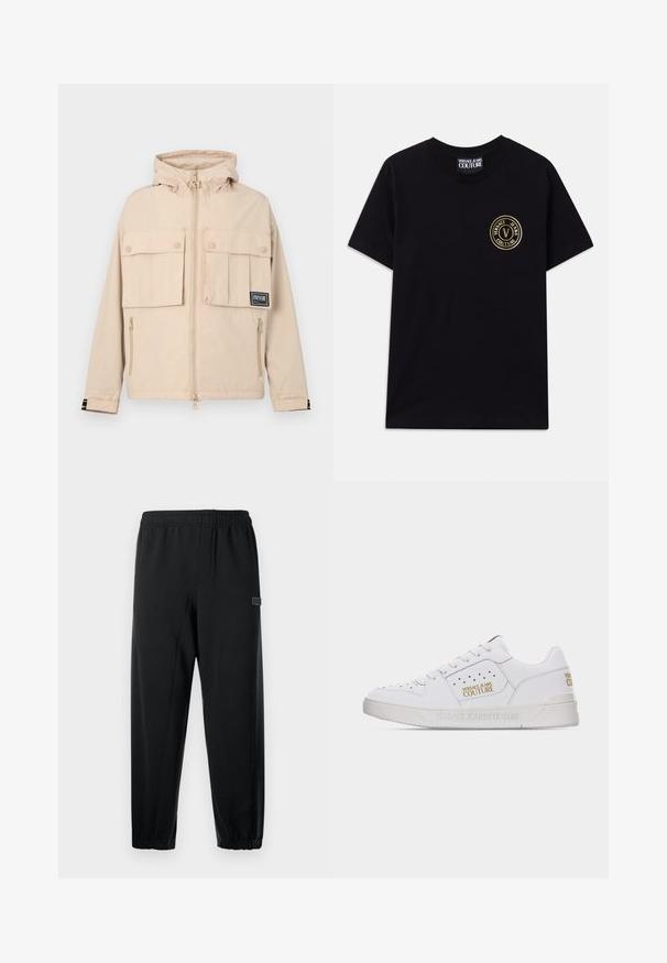 Beige Kapuzenjacke mit zwei vorderen Taschen mit Klappen und einer seitlichen Reißverschlusstasche, versehen mit einem schwarzen Logo-Patch und einem glatten, wasserabweisenden Stoff.; Schwarzes Baumwoll-T-Shirt mit Rundhalsausschnitt und kurzen Ärmeln. Besitzt ein goldfarbenes, rundes Logo auf der linken Brust. Einfaches, unauffälliges Design.; Schwarze Jogginghose mit elastischem Bund, schmal zulaufenden Beinen und einem kleinen Markenpatch. Hergestellt aus glattem, leichtem Stoff.; Weißer Sneaker mit niedrigem Schaft, perforierten Details, Schnürverschluss und goldenen "Versace Jeans Couture"-Logos an der Seite und Ferse.