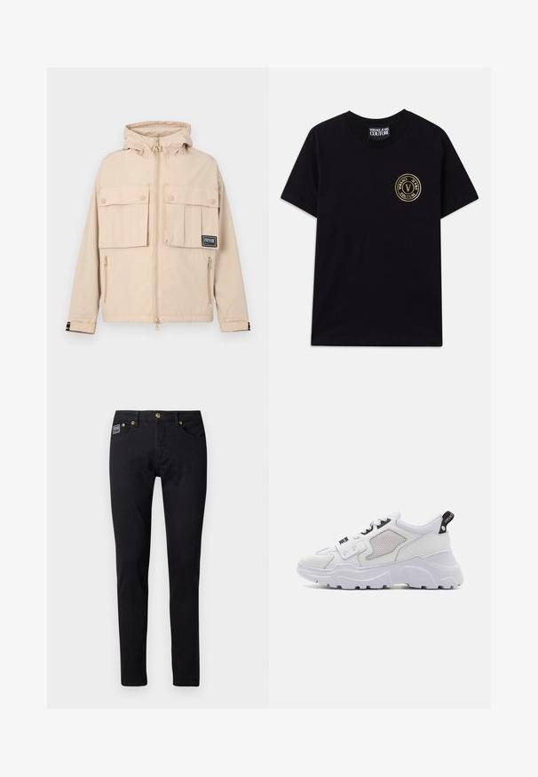 Beige Kapuzenjacke mit zwei vorderen Taschen mit Klappen und einer seitlichen Reißverschlusstasche, versehen mit einem schwarzen Logo-Patch und einem glatten, wasserabweisenden Stoff.; Schwarzes Baumwoll-T-Shirt mit Rundhalsausschnitt und kurzen Ärmeln. Besitzt ein goldfarbenes, rundes Logo auf der linken Brust. Einfaches, unauffälliges Design.; Schwarze Denim-Jeans mit schlanker Passform, ausgestattet mit goldfarbenen Hardware-Elementen, fünf Taschen und einem kleinen Markenlabel an der rechten Tasche.; Weiße, klobige Sneakers mit einem Obermaterial aus strukturiertem Leder, Mesh-Akzenten, schwarzem Logo-Detail und einer dicken weißen Außensohle. Seitenschlaufe für einfaches Anziehen.