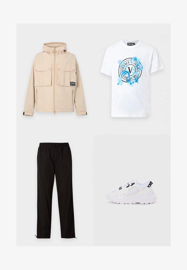 Beige Kapuzenjacke mit zwei vorderen Taschen mit Klappen und einer seitlichen Reißverschlusstasche, versehen mit einem schwarzen Logo-Patch und einem glatten, wasserabweisenden Stoff.; Weißes Versace Jeans Couture T-Shirt mit kurzen Ärmeln, einem kreisförmigen Logo und einem blauen dekorativen Wasserspritz-Design auf der Vorderseite.; Schwarze leichte Hose mit elastischem Bund, Kordelzugverschluss und Reißverschluss am Saum für eine verstellbare Passform. Glatte, elegante Textur.; Weiße Sportsneaker mit klobiger Sohle, Obermaterial aus Mesh und Synthetik, schwarzen Akzentdetails und Schnürsenkeln. Strukturierte Gestaltung und Logo an der Ferse.