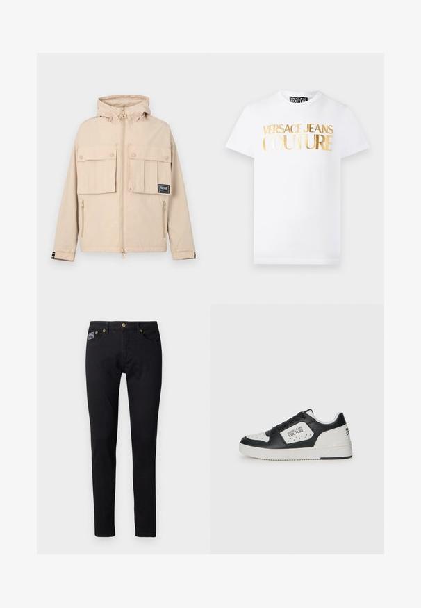 Beige Kapuzenjacke mit zwei vorderen Taschen mit Klappen und einer seitlichen Reißverschlusstasche, versehen mit einem schwarzen Logo-Patch und einem glatten, wasserabweisenden Stoff.; Weißes T-Shirt mit kurzen Ärmeln, vorne mit goldmetallischem Schriftzug "Versace Jeans Couture" und Rundhalsausschnitt.; Schwarze Denim-Jeans mit schlanker Passform, ausgestattet mit goldfarbenen Hardware-Elementen, fünf Taschen und einem kleinen Markenlabel an der rechten Tasche.; Schwarzer und weißer Sneaker mit einem glatten Lederobermaterial, durchlöcherter Zehenbox, kontrastierendem weißen Element und Logodetails an der Seite und Ferse.