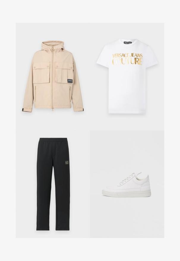 Beige hættejakke med to frontlommer med klap og en sidelomme med lynlås, udstyret med et sort logo-patch og et glat, vandafvisende stof.; Hvid kortærmet T-shirt med gyldent metallisk "Versace Jeans Couture" tekst på fronten og rund halsudskæring.; Sorte sweatpants med lige ben, elastisk talje og sort logo-patch på venstre lår.; Hvid lædersneaker med rundet tå, flad sål og snørebånd foran. Har syningsdetaljer og polstret krave for komfort.