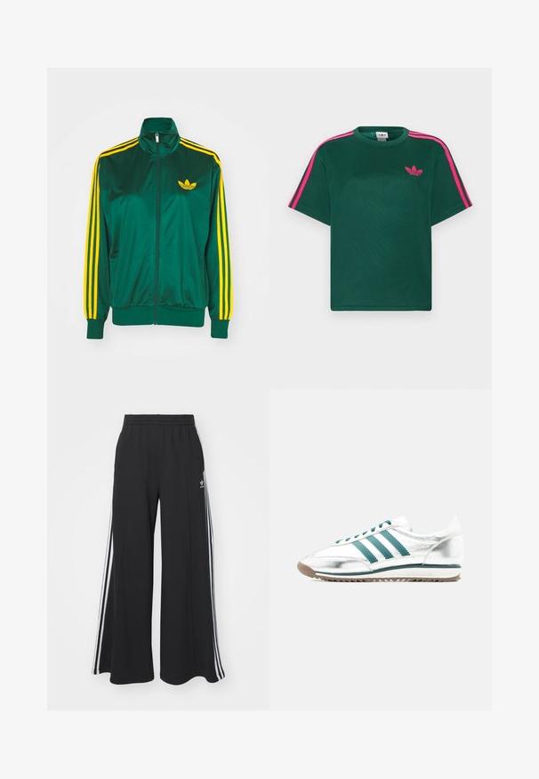 Grøn satin trackjakke, lynlåsfortil, høj krave, gul tre-stripes design på ærmerne og et lille gult logo på brystet.; Grøn kortærmet t-shirt med lyserøde striber på skuldrene og Adidas trefoil-logo på brystet.; Sorte bukser med vide ben og elastik i taljen, med tre hvide striber langs ydersiderne og et lille logo foran.; Hvid og sølv lavtop-sneaker med grønne striber, grønne snørebånd, hvid sål og gummiydersål, vist fra siden på en ensfarvet baggrund.