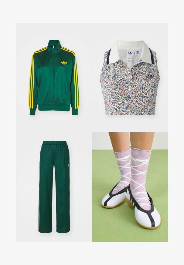 Grøn satin trackjakke, lynlåsfortil, høj krave, gul tre-stripes design på ærmerne og et lille gult logo på brystet.; Blomstret cropped bluse med hvid bund og blomster i blå, rød og gul. Inkluderer en hvid krave med marineblå detaljer og et broderet logo.; Mørkegrønne træningsbukser med en afslappet pasform, der har snor i taljen, sidelommer og cremefarvede striber langs siderne.; Ben iført ribbet lilla sokker med hvide krydsede stropper kombineret med hvide balletsko med sort kant på grøn gulv.