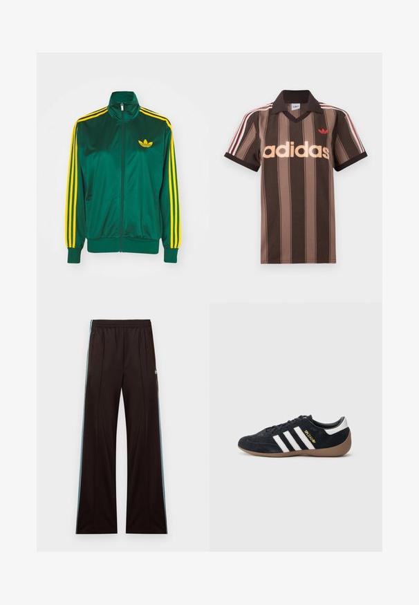 Roheline satiinist spordijakk, lukuga ees, kõrge kaelus, kollased kolm triipu disainis varrukatel ning väike kollane logo rinnal.; Pruunide triipudega Adidas polotee, V-kaelusega, bordeau krae ja punase logoga. Omad valge ja punase triibuga õlad ning lühikesed varrukad.; Mustad laiapõhjalised dressipüksid helesiniste küljeribadega, kummipaelaga vöökohal, tõmblukuga taskute ja Adidas logo vasakul puusal.; Mustast seemisest vabaajajalats, millel on kolm valget triipu, kummisest tallast ja küljele kinnitatud väike kuldne logo. Siseküljel on sile must vooder.