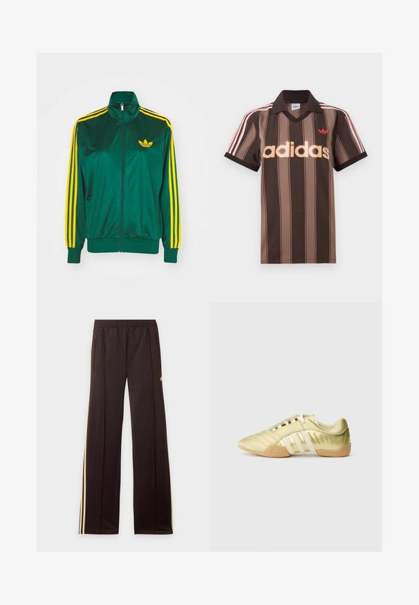 Grøn satin trackjakke, lynlåsfortil, høj krave, gul tre-stripes design på ærmerne og et lille gult logo på brystet.; Brunstribet Adidas polo-shirt med V-hals, bordeaux krave og rødt logo. Har hvide og røde skulderstriber samt korte ærmer.; Sorte træningsbukser med gule sidelister, elastisk taljebånd, lynlåslommer i siderne og en lille logo på den øvre lår.; Limegrøn syntetisk sportssko med en glat tekstur, der har tre hvide striber, en blød indvendig foring og en tekstureret gummiydersål.