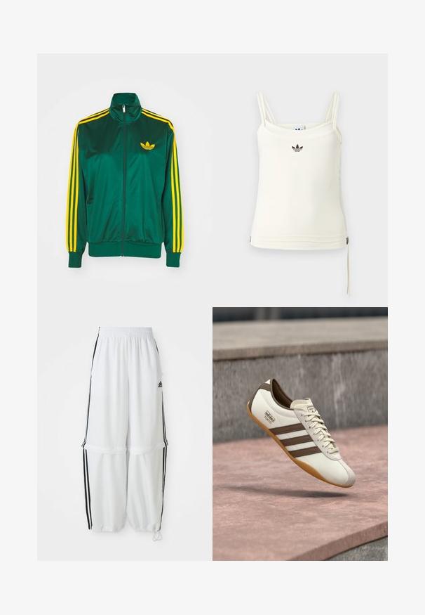 Grøn satin trackjakke, lynlåsfortil, høj krave, gul tre-stripes design på ærmerne og et lille gult logo på brystet.; Cremefarvet tanktop med tynde stropper; Adidas-logo i sort på brystet. Glat stof med en snorejustering ved kanten. Enkel design.; Hvide sportbukser med en afslappet pasform, elastisk talje og sorte sidelæg. Har lynlåslommer og elastiske afslutninger ved anklerne.; Hvid sneaker med brune accenter og tre striber, med en ruskindsnæse, cremefarvede snørebånd og en sål af gummigummi. Mærkets logo vist.