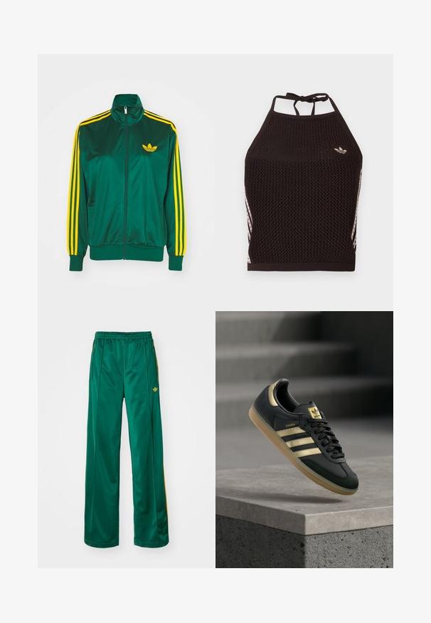 Grøn satin trackjakke, lynlåsfortil, høj krave, gul tre-stripes design på ærmerne og et lille gult logo på brystet.; Sort mesh halter crop top med tekstureret design. Har pink accentstriber og en lille logo foran. Lukning med bånd bagpå.; Grønne satin atletikbukser med en afslappet pasform, der har gule stribeaccenter og et broderet logo på venstre side. Elastisk talje.; Sort Adidas Samba-sneaker med gulstriber og gummisål, der svæver over en betongflade med slørede trapper i baggrunden.