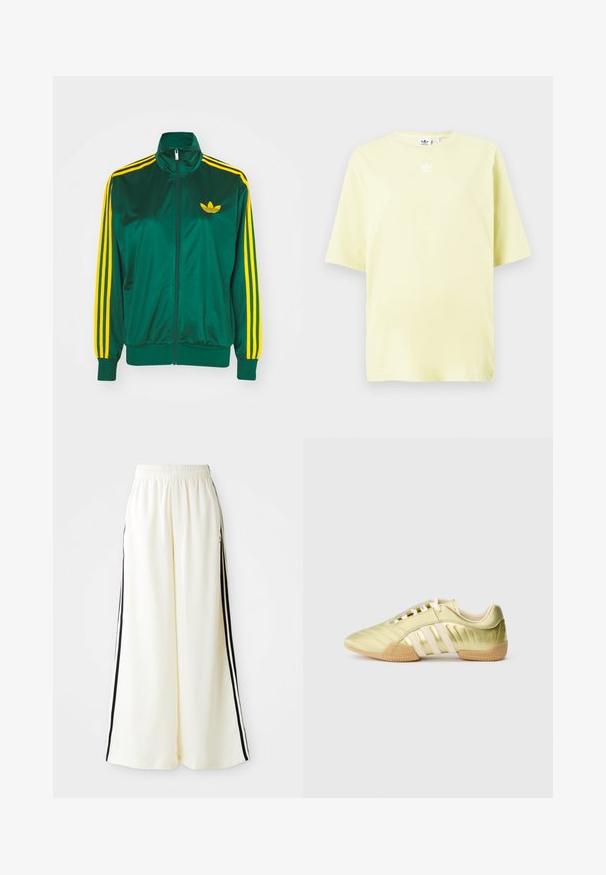 Grøn satin trackjakke, lynlåsfortil, høj krave, gul tre-stripes design på ærmerne og et lille gult logo på brystet.; Lys gul Adidas T-shirt med korte ærmer og lille hvid trefoil-logo i midten nær halsudskæringen.; Hvide løse bukser med elastisk talje og sorte lodrette striber langs yderseams.; Limegrøn syntetisk sportssko med en glat tekstur, der har tre hvide striber, en blød indvendig foring og en tekstureret gummiydersål.