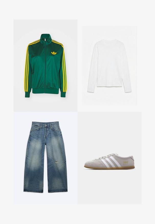 Groene satijnen trainingsjack, met rits aan de voorkant, hoge kraag, gele drie-strepen design op de mouwen en een klein geel logo op de borst.; Effen wit, langarmig shirt met ronde hals, plat neerligt op een witte ondergrond, waarbij de voorkant en de volledige mouwlengte zichtbaar zijn.; Blauwe loszittende spijkerbroek met vervaagde plekken en een klein scheurtje op het rechterdijbeen, met voorzakken en riemlussen.; Grijze suede sneaker met witte leren strepen en gouden logo detail. Platte gum zool, ronde neus en klassiek vetersluitingssysteem.