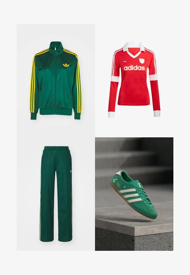 Grøn satin trackjakke, lynlåsfortil, høj krave, gul tre-stripes design på ærmerne og et lille gult logo på brystet.; Rød langærmet fodboldtrøje med hvid krave og manchetter. Har tre hvide striber på skuldrene og "adidas" logoet fremtrædende vist.; Mørkegrønne træningsbukser med en afslappet pasform, der har snor i taljen, sidelommer og cremefarvede striber langs siderne.; Grøn sneaker med hvide tre striber, blomsterdetaljer, struktureret overdel og en pink hælflap. Gummiydersål for greb.