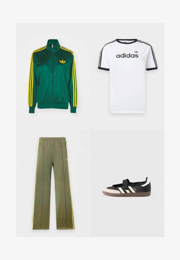 Grøn satin trackjakke, lynlåsfortil, høj krave, gul tre-stripes design på ærmerne og et lille gult logo på brystet.; Hvid bomulds-T-shirt med sorte detaljer, har rundt halsudskæring, korte ærmer, tre sorte striber på skuldrene og adidas-logo i sort.; Olivengrønne træningsbukser med elastisk taljebånd, sidelommer, gule striber på siden og lille trekløverlogo foran.; Sort og beige sko med velcrolukning, tre hvide striber på siden og en tekstureret brun gummisål. Mærkelogo er synligt.