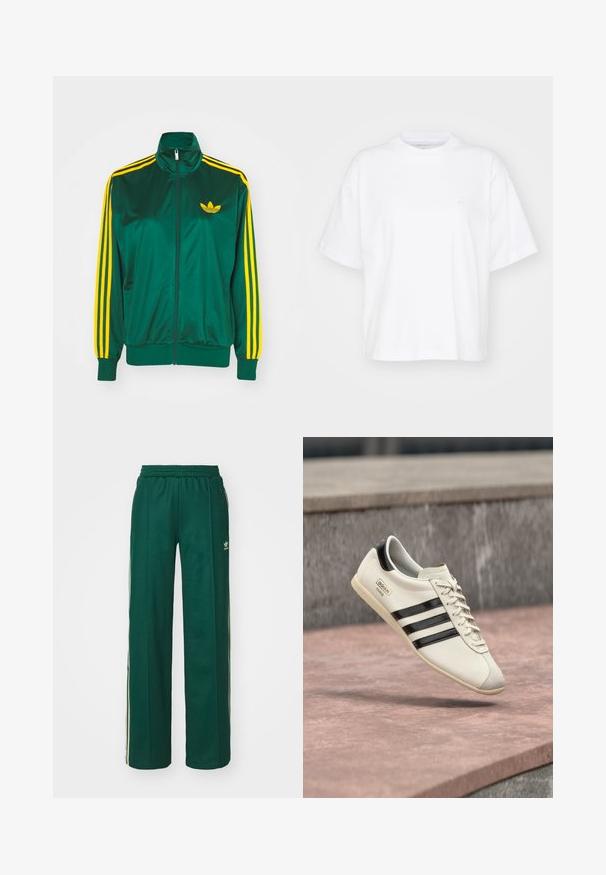 Grøn satin trackjakke, lynlåsfortil, høj krave, gul tre-stripes design på ærmerne og et lille gult logo på brystet.; Hvid bomulds t-shirt med rund hals, korte ærmer og en afslappet pasform. Har et diskret logo på venstre brystområde. Glat tekstur.; Mørkegrønne træningsbukser med en afslappet pasform, der har snor i taljen, sidelommer og cremefarvede striber langs siderne.; Hvid Adidas-sneaker med sorte striber og beige sål, svævende over en lyserød betonoverflade og grå stensbaggrund.