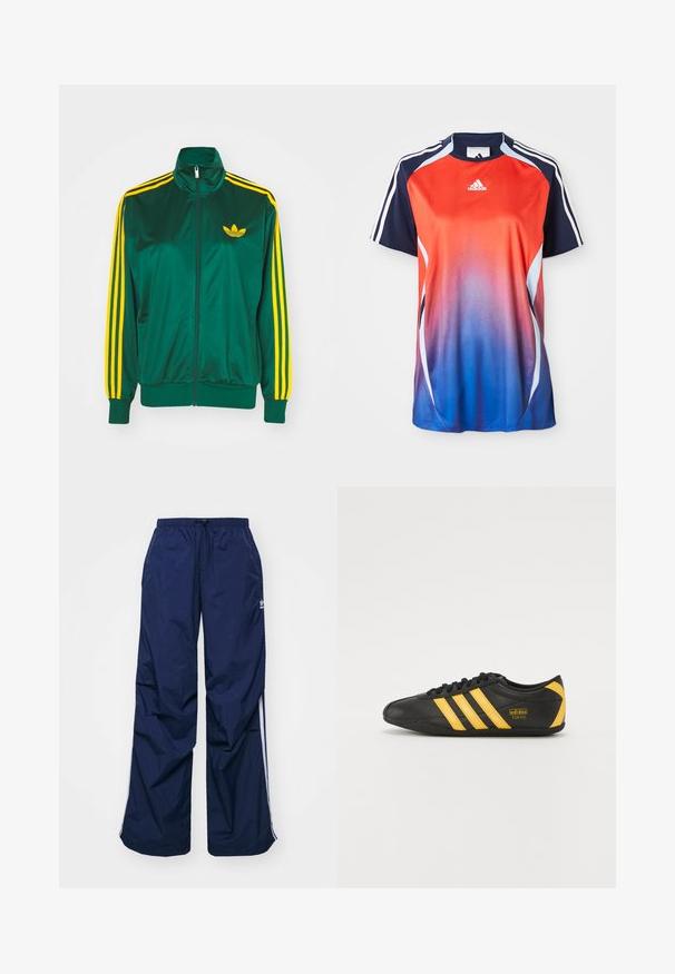 Groene satijnen trainingsjack, met rits aan de voorkant, hoge kraag, gele drie-strepen design op de mouwen en een klein geel logo op de borst.; Adidas sportshirt met korte mouwen, voorzien van een gradient van rood naar blauw, met marineblauwe accenten en witte strepen langs de schouders.; Navyblauwe, lichtgewicht broek met elastische taille en trekkoord, voorzien van witte zijstrepen en een klein logo aan de voorkant. Losse pasvorm.; Zwarte leren sportschoen met geel drie-strepen ontwerp, ronde neus, zwarte veters en klein logo aan de zijkant. Laag profiel silhouet.
