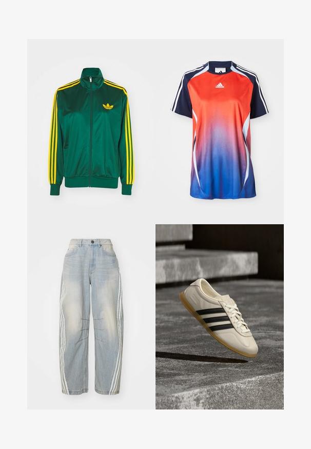 Grøn satin trackjakke, lynlåsfortil, høj krave, gul tre-stripes design på ærmerne og et lille gult logo på brystet.; Adidas kortærmet sports T-shirt med en gradient fra rød til blå, med marineblå akcenter og hvide striber langs skuldrene.; Lyseblå denimjeans med løs pasform, der har hvide striber ned langs siderne, slidte detaljer og knaplukning i taljen.; Hvid sneaker med sorte striber og gummisål svæver over betontrapper i blødt dagslys.