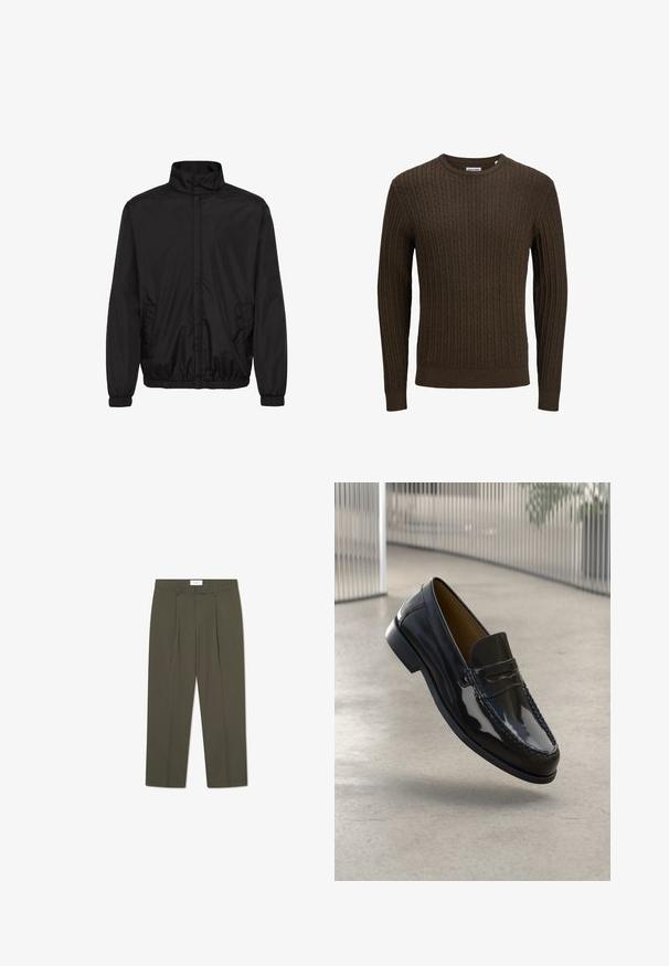 Veste légère noire avec un col montant, des poignets élastiques et des poches latérales. Tissu lisse et design minimaliste avec une coupe décontractée.; Pull en tricot torsadé marron avec un col rond, des manches longues et des poignets et un ourlet côtelés. Tissu texturé avec un motif uniforme.; Pantalons vert olive avec des rayures verticales, dotés d'une taille ajustée, de plis et d'une coupe droite. Texture lisse.; Mocassin en cuir verni noir avec un accent cousu, bout rond, petit talon et surface lisse, présenté sur un fond neutre.