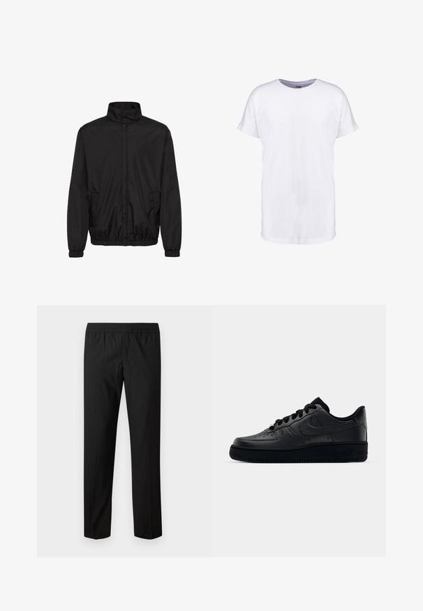 Veste légère noire avec un col montant, des poignets élastiques et des poches latérales. Tissu lisse et design minimaliste avec une coupe décontractée.; T-shirt blanc uni à manches courtes avec poignets retroussés et col rond, présenté sur fond blanc.; Pantalon noir droit avec taille élastique, sans poches visibles ni ornements.; Baskets Nike Air Force 1 noires avec un dessus en cuir lisse, bout perforé pour la respirabilité, lacets noirs et semelle en caoutchouc texturé.