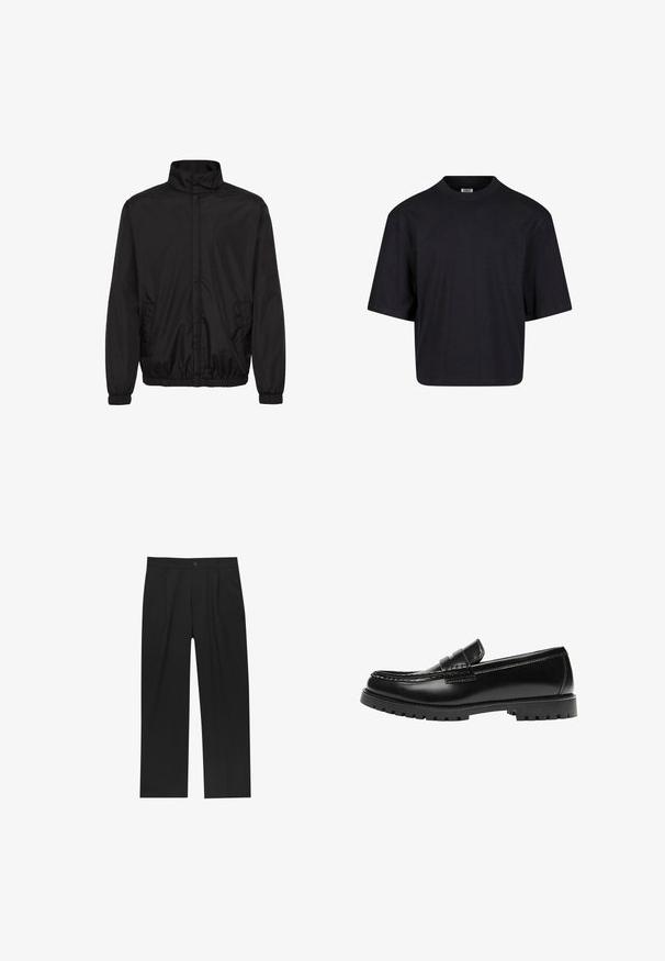 Veste légère noire avec un col montant, des poignets élastiques et des poches latérales. Tissu lisse et design minimaliste avec une coupe décontractée.; T-shirt en coton noir avec un col rond, des manches courtes et une coupe oversize. Texture lisse et design minimaliste. Pas de logos visibles.; Pantalons noirs au design droit, fabriqués à partir d'un tissu lisse. Dotés de plis sur le devant et d'une fermeture à un bouton à la taille.; Mocassin en cuir noir avec une semelle en caoutchouc épaisse et un détail classique de bride à monnaie, vu de côté extérieur.