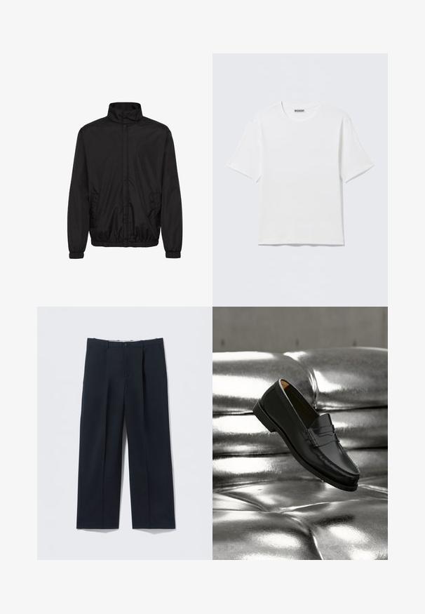 Veste légère noire avec un col montant, des poignets élastiques et des poches latérales. Tissu lisse et design minimaliste avec une coupe décontractée.; T-shirt blanc uni à manches courtes et col rond, avec une petite étiquette "WEEKDAY" à l'intérieur du col arrière, présenté à plat.; Pantalon bleu marine foncé en tissu lisse, avec une coupe ajustée, deux poches avant et une fermeture par bouton.; Mocassin en cuir noir flottant au-dessus d'un canapé en cuir argenté brillant matelassé à boutons dans un décor minimaliste.