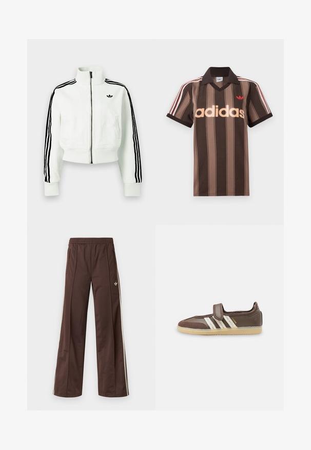 Hvid cropped jakke med høj krave, frontlynlås, sorte stribede detaljer på ærmerne og en lille sort logo på brystet.; Brunstribet Adidas polo-shirt med V-hals, bordeaux krave og rødt logo. Har hvide og røde skulderstriber samt korte ærmer.; Brune atletiske bukser med vidde ben, hvide striber på siden, elastisk linning og to sidelommer. Har et lille logo på benet.; Brun sneaker med beige gummisål, tre hvide striber på siden og en enkelt velcrolukning over vristen.