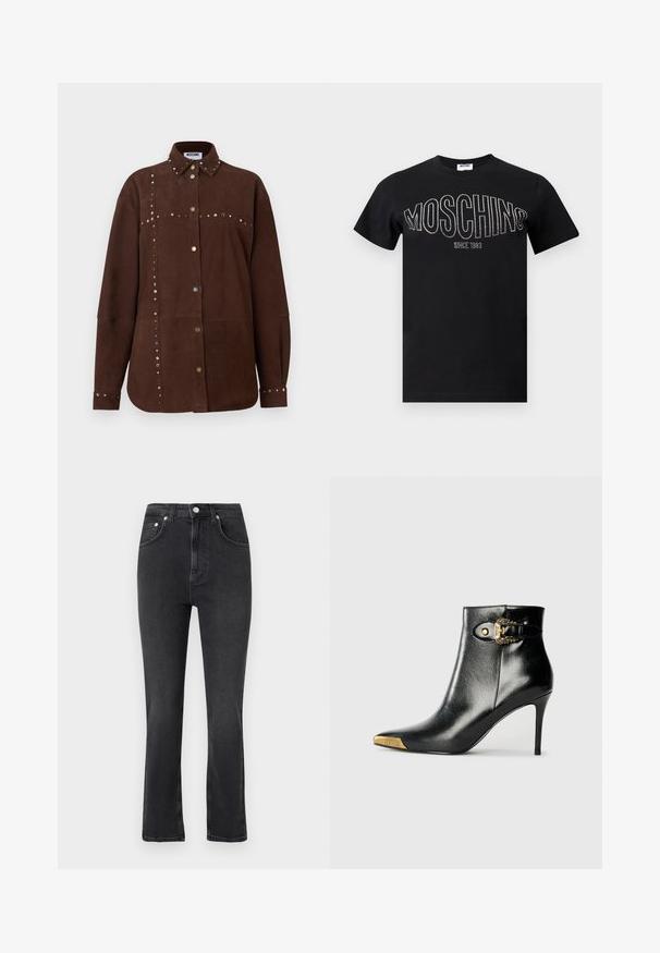 Chemise à manches longues en daim marron avec col pointu, clous dorés et argentés le long des coutures, boutons à l'avant et aux poignets, étiquette Moschino à l'intérieur du col.; T-shirt en coton noir avec un col rond et des manches courtes. "MOSCHINO" en strass sur la poitrine, avec "SINCE 1983" en dessous.; Jean noir taille haute à jambes droites avec poches avant, passants pour ceinture, fermeture par bouton et coutures visibles sur un fond clair.; Bottine noire en cuir brillant, avec un bout pointu, un talon aiguille, et des accessoires dorés ornés d'une boucle décorative.