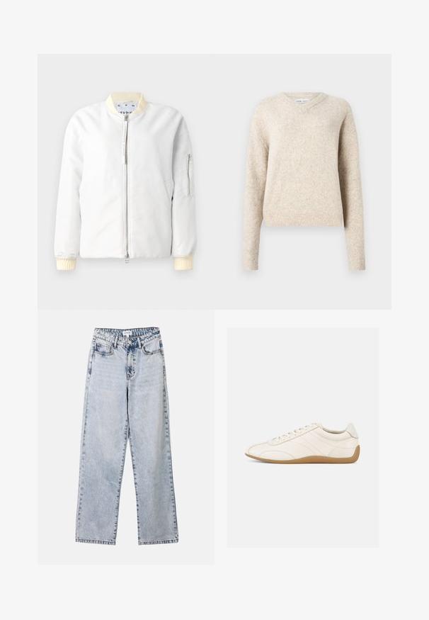 Veste bomber légère en tissu blanc, avec une fermeture éclair à l'avant, un col et des poignets côtelés en crème, et une poche zippée sur la manche.; Pull en laine beige clair à manches longues, avec un décolleté en V et des poignets et un ourlet côtelés, présenté sur un fond blanc uni.; Jean droit bleu clair en denim, doté de deux poches avant, d'une fermeture à bouton et de coutures contrastées le long des coutures.; Baskets en cuir blanc à texture lisse, bout arrondi et coutures ton sur ton. Elles comportent une semelle en caoutchouc beige et une fermeture à lacets.