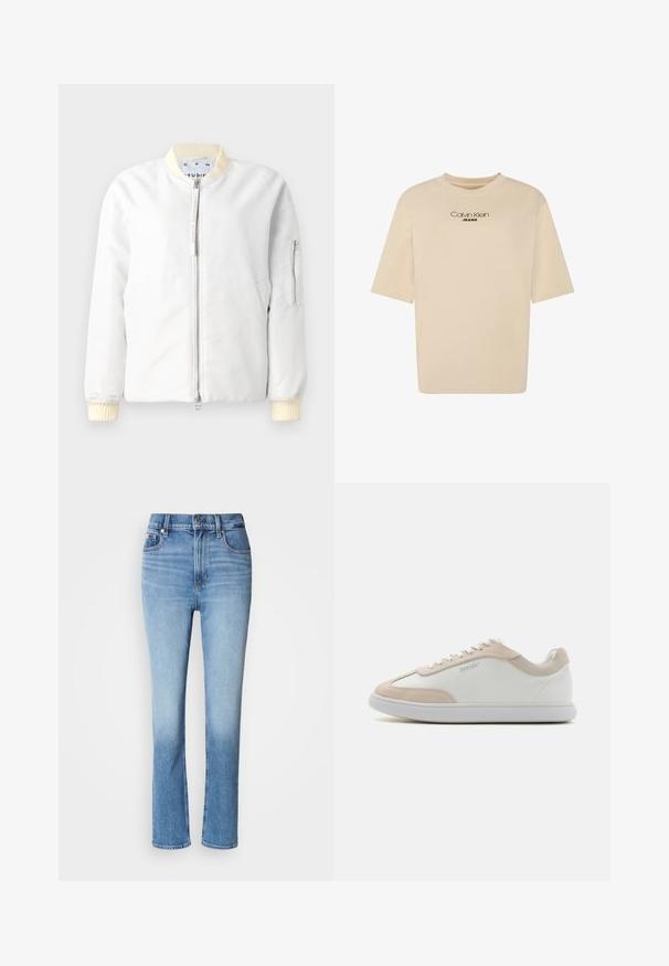 Letvægt bomberjakke i hvidt stof, med lynlås foran, ribbet krave og manchetter i cremefarve, og en lynlåslomme på ærmet.; Beige T-shirt med korte ærmer og rund halsudskæring med "Calvin Klein JEANS"-logo trykt i sort på brystet.; Blå denimjeans med høj talje, lige ben-design, falmede farvegradient og fem-lomme stil. Metalknap- og lynlås-lukning.; Hvide lædersneakers med beige ruskindsdetaljer og hvide snøringer. Har en rund tå og en polstret sål for komfort.