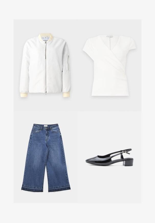 Veste bomber légère en tissu blanc, avec une fermeture éclair à l'avant, un col et des poignets côtelés en crème, et une poche zippée sur la manche.; Haut blanc à manches courtes pour femmes avec col en V et design portefeuille, présentant de subtils plis à l'avant.; Jean en denim bleu à jambes larges avec fermeture par bouton et zip, poches avant, passants de ceinture et ourlet brut.; Chaussure slingback en cuir verni noir avec un bout pointu, des côtés découpés et un petit talon block. Équipée d'une bride de cheville avec une boucle.