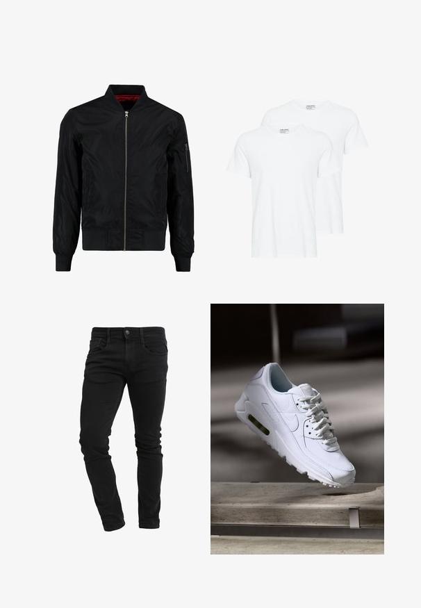 Chaqueta bomber negra con cierre frontal, puños y dobladillo acanalados, y un exterior liso. Presenta un forro rojo y un bolsillo con cremallera en la manga.; Dos camisetas blancas lisas de manga corta y cuello redondo superpuestas sobre un fondo blanco.; Vaqueros ajustados negros con bolsillos frontales, presillas para cinturón, cierre de botón y ligera arruga a lo largo de las piernas.; Zapatilla blanca de piel con superficies texturizadas, cuello acolchado y amortiguación de aire visible en la suela. Presenta cordones y un diseño minimalista.