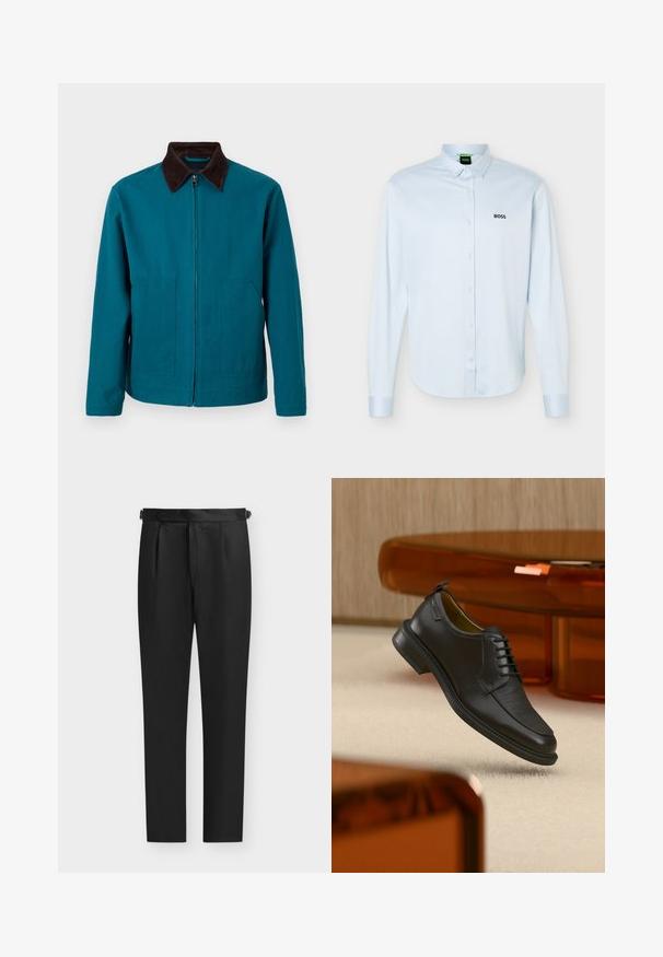 Veste zippée couleur sarcelle avec col marron foncé, manches longues et deux poches avant, présentée sur un fond clair uni.; Chemise bleu clair à manches longues, boutonnée avec col, logo noir "BOSS" sur le côté gauche de la poitrine, et poignets avec boutons.; Pantalon formel noir fuselé avec des plis près de la taille et des sangles latérales réglables, présenté sur fond clair.; Chaussure habillée noire en cuir à lacets avec devant texturé, flottant au-dessus d'un tapis beige dans une pièce moderne avec des meubles teintés d'ambre.