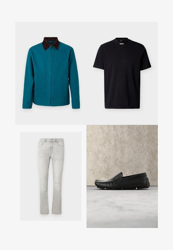Veste zippée couleur sarcelle avec col marron foncé, manches longues et deux poches avant, présentée sur un fond clair uni.; T-shirt noir à manches courtes et col rond avec logo "BOSS" blanc sur le col, présenté sur un fond blanc.; Jean slim gris clair avec usure aux deux genoux, cinq poches, fermeture par bouton et zip.; Mocassin en cuir noir flottant au-dessus d'un sol beige couvert de moquette à côté d'une table en verre arrondie de couleur ambre.