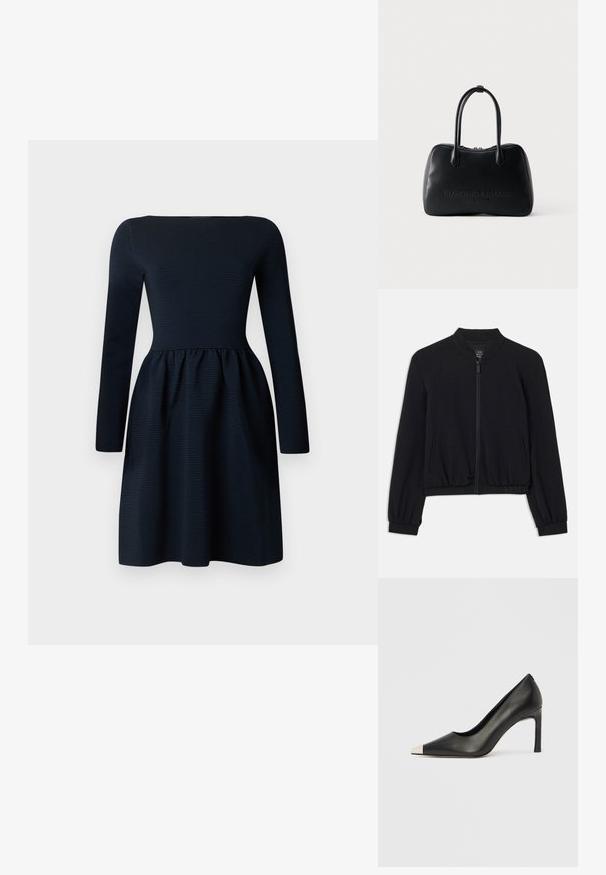 Schwarze Bomberjacke mit Raglanärmeln, gerippten Bündchen und Saum, Reißverschluss und Seitentaschen. Hergestellt aus weichem, dehnbarem Material.; Marineblaues, langärmliges Kleid mit quadratischem Ausschnitt, strukturiertem Streifenmuster und geraffter Taille. A-Linien-Rock mit fließender Silhouette.; Schwarzer Lederschuh mit hohem Absatz, spitz zulaufender Zehenpartie und metallischer silberner Spitze. Verfügt über eine glatte Oberfläche und einen schlanken 10 cm hohen Absatz.; Schwarze Emporio Armani Milano Lederhandtasche mit zwei langen Griffen und einem oberen Reißverschluss vor weißem Hintergrund.