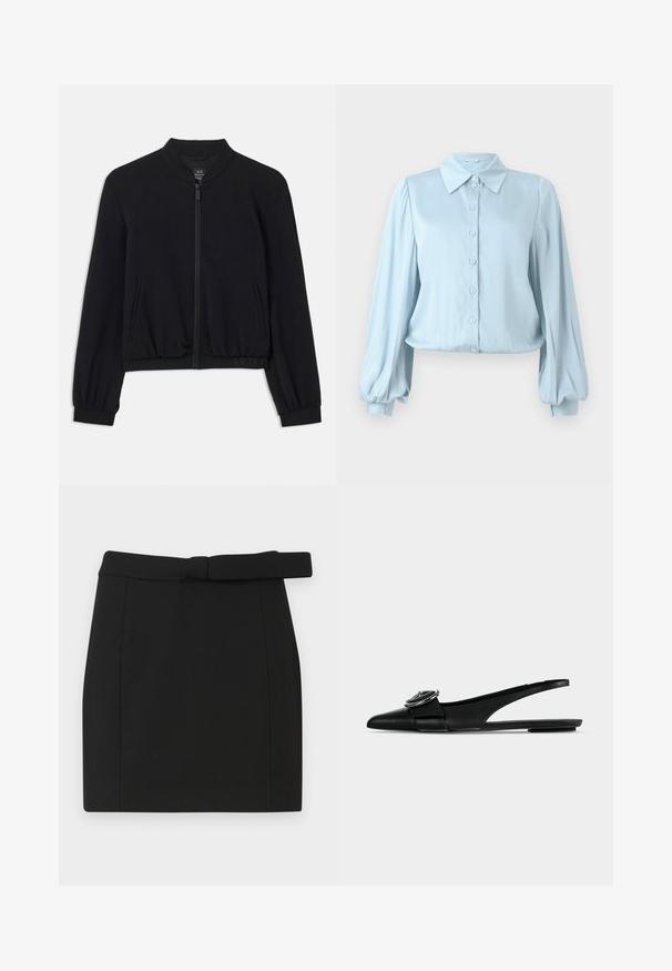 Chaqueta bomber negra con mangas raglán, puños y dobladillo acanalados, cierre de cremallera y bolsillos laterales. Fabricada con material suave y elástico.; Hofmann Copenhagen FLORA - Blusa - lavender blue; Mini falda negra hecha de tejido suave, con un cinturón en la cintura, corte recto y costuras limpias sin patrones ni adornos adicionales.; Zapato plano slingback de cuero negro con puntera puntiaguda, una correa ancha y detalle de hebilla metálica redonda en la parte superior.