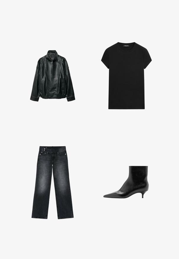 Schwarze Lederjacke mit hohem Kragen, asymmetrischem Frontreißverschluss, gepolsterten Schulterriemen mit Knöpfen, elastischem Taillenbund und Vordertaschen.; Schwarzes T-Shirt mit kurzen Ärmeln und Rundhalsausschnitt, mit sichtbarem Markenlabel am Ausschnitt, mittig auf weißem Hintergrund.; Schwarz gewaschene Jeans mit geradem Bein, doppeltem Knopfverschluss und Vordertaschen auf weißem Hintergrund.; Schwarzer Leder-Stiefelette mit spitzer Zehenpartie und schlankem, niedrigem Kittenabsatz, glatter Oberfläche und seitlichem Reißverschluss.
