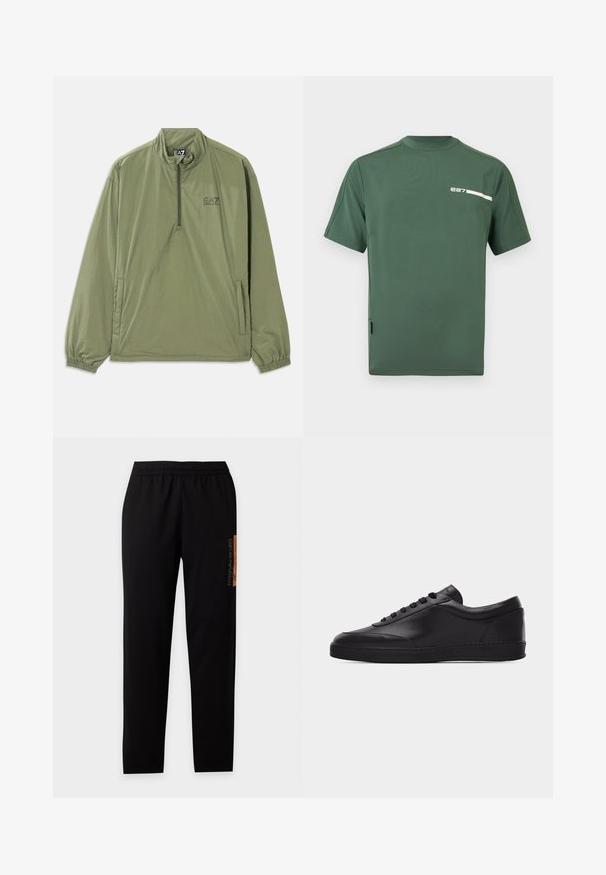Pulóverová bunda vo vojenskej zelenej farbe, ľahký materiál, štvrtinový zips, elastické manžety, predná kapsa. Obsahuje čierne logo EA7 na hrudi.; Zelené krátke športové tričko s krátkymi rukávmi s sieťovinovými panelmi na rukávoch a malým bielym logom "e27" na hornej ľavej strane hrudníka.; Čierne tepláky s elastickým pásom, rovnými nohavicami a hnedým logom Emporio Armani na hornej pravej stehne.; Čierna nízka kožená teniska so šnurovaním vpredu a plochou gumovou podrážkou, zobrazená z boku na jednoliatom bielom pozadí.