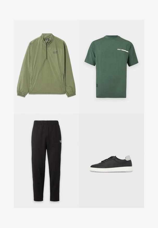 Pullover jakke i militærgrøn, let stof, kvart lynlås, elastiske manchetter, lomme foran. Har EA7-logo i sort på brystet.; Grøn kortærmet sportstrøje med meshpaneler på ærmerne og et lille hvidt "e27"-logo på øverste venstre bryst.; Sorte elastiske sweatpants med taperede ben og et lille hvidt logo på den øverste venstre lår.; Sort lavtop-sneakers med hvid sål og grå hælkappe, set fra siden på en helt hvid baggrund.