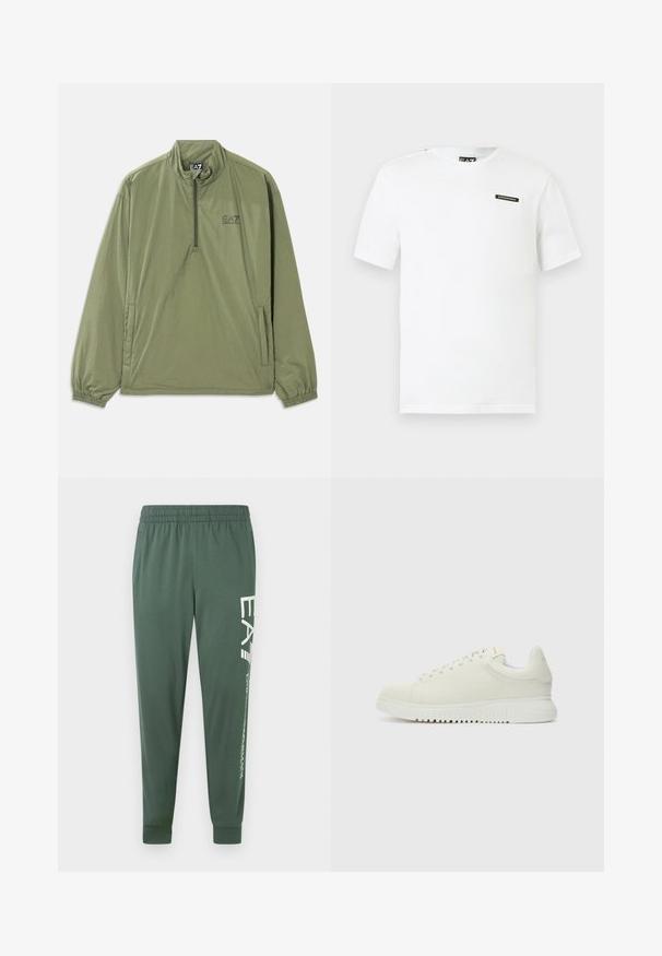 Pullover jakke i militærgrøn, let stof, kvart lynlås, elastiske manchetter, lomme foran. Har EA7-logo i sort på brystet.; Hvid bomulds T-shirt med korte ærmer, rund hals og en lille sort logo-patch på venstre bryst. Glat tekstur, standard pasform.; Grønne atletikbukser med elastisk linning, tilspidset form og hvid logodetalje langs venstre ben; glat, letvægtsstof.; Hvide lædersneakers med struktureret overdel, rund tå, flad hvid sål og tonede snørebånd. Subtil branding på tungen.